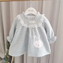 Платье для девочек; синие платья для малышей; плотные теплые детские платья с рисунком кролика