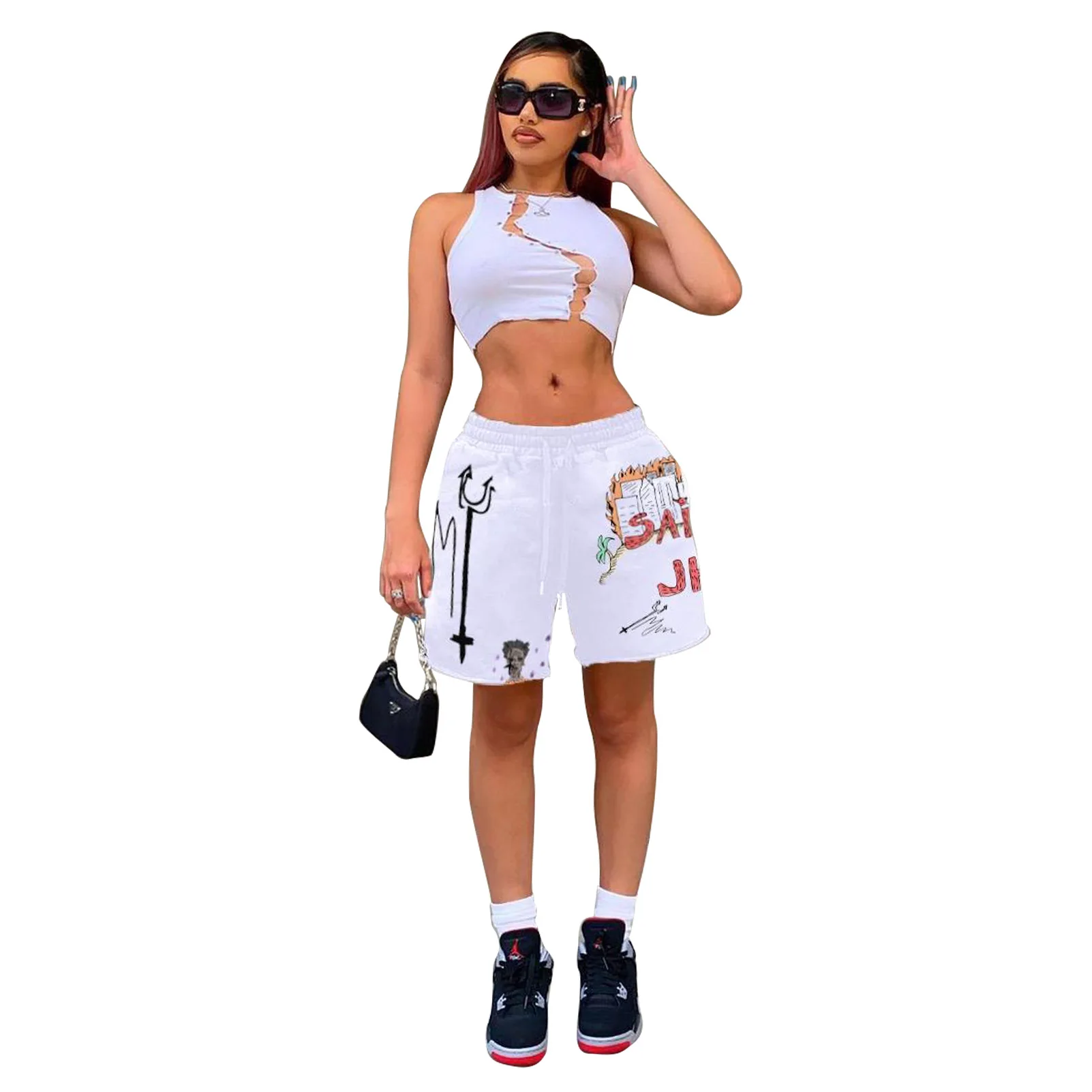 RMSFE 2021 Summer Women New Sweater Fabric Fashion Multicolor Printing Wearing Rope Three Pocket Shorts workout clothes for women Shorts