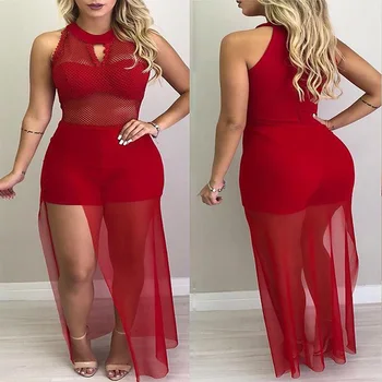 

Sleeveless Fishnet Mesh Overlay Rompers for Women