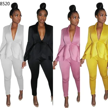 

Casual Solid Women Deep V-neck Long Sleeve Jacket Pant Suits High Quality OL Blazer Suit Jackets Ankle Length Trouser Two-piece