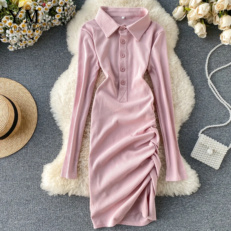 

YuooMuoo Ins Fashion Polo Neck Ruched Shirt Dress Women Spring Long Sleeve Short Bodycon Dress Elegant Pink Black Ladies Dresses