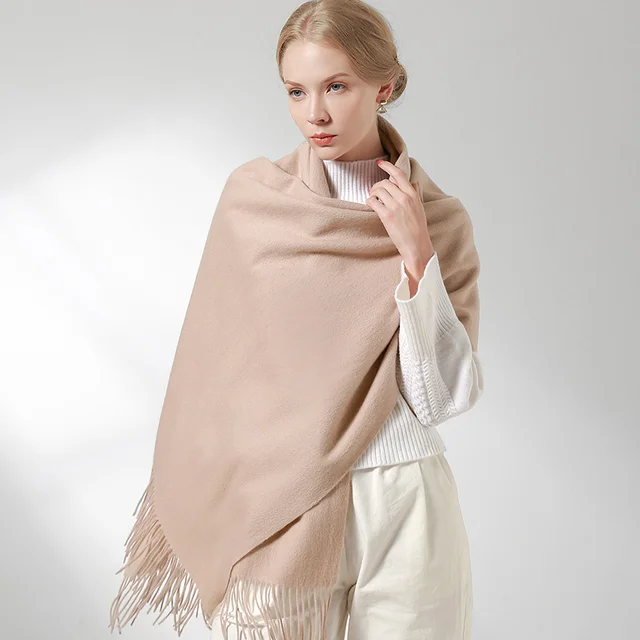 100% Real Wool Scarf Women Warm Shawls and Wraps for Ladies Stole Femme Solid Warps Winter Cashmere Wool Scarves Luxury Pashmina Beige