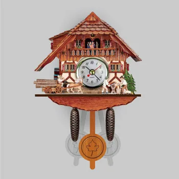 

Antique Wooden Cuckoo Wall Clock Birds Time Bell Auto Swing Pendulum No Battery