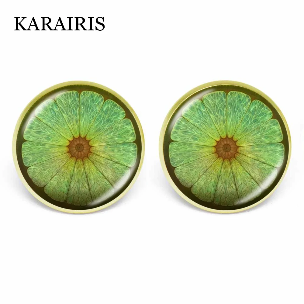 

KARAIRIS Fresh Fruit Lemon Pattern Stud Earring Round Glass Dome Fruit Slice Stud Earrings For Girls Fashion Jewelry Customized