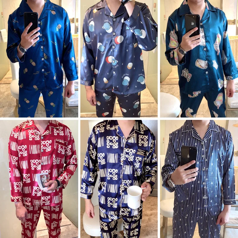 

Pajamas Men Long Sleeve Spring And Autumn Thin Young And Middle-aged Model Silk Plus-sized Casual Homewear Set