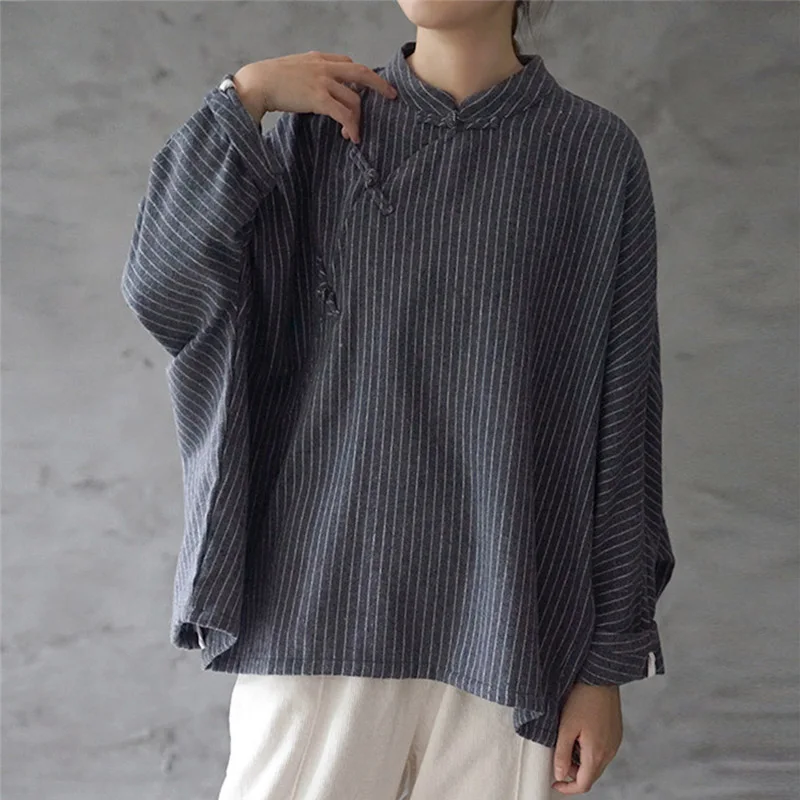 Deep Gray SCUWLINEN осень зима женские топы винтажные повседневные полосатые размера плюс свободные длинные хлопковые блузки с рукавом летучая мышь для женщин P123 - Цвет: Deep Gray