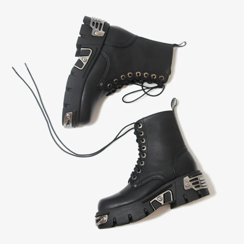 Punk Style Platform Women Ankle Boots Women's Motorcycle Boot Fashion Ladies Chunky Shoes Metal Decor Black BIG size 41 43 44