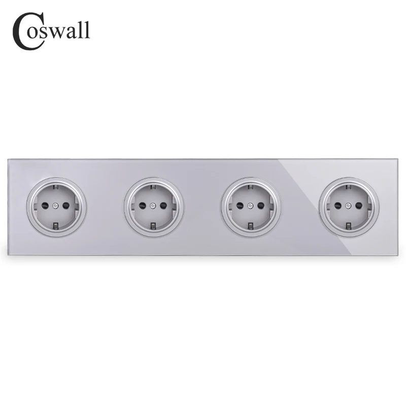 Coswall Gray Grey Crystal Tempered Glass Panel 4 Gang EU Standard Wall Socket Grounded With Child Protective Lock R11 Series