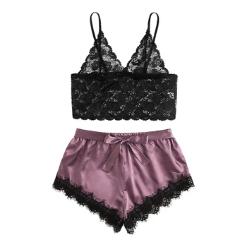 

Women Satin Pajama Sets Sexy Lingerie Corset Lace Underwire Racy Muslin Sleepwear Underwear Purple M Size