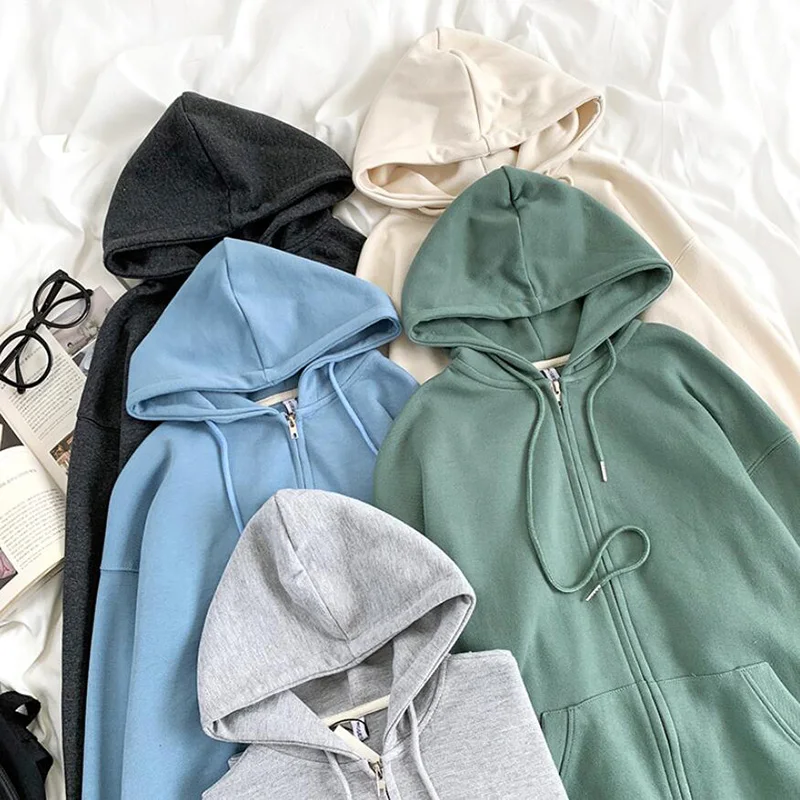 

2021 Autumn Winter New Hooded Hoodies Oversize Woman Solid color zipper Basic Sweatshirts High Quality Loose Long Sleeves Tops