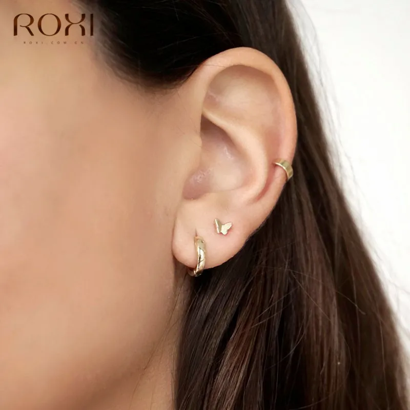 Корейские золотые серьги-гвоздики ROXI с бабочкой для женщин, Детские полированные серьги-бабочки для хряща ушной раковины, серьги из стерлингового серебра 925 пробы