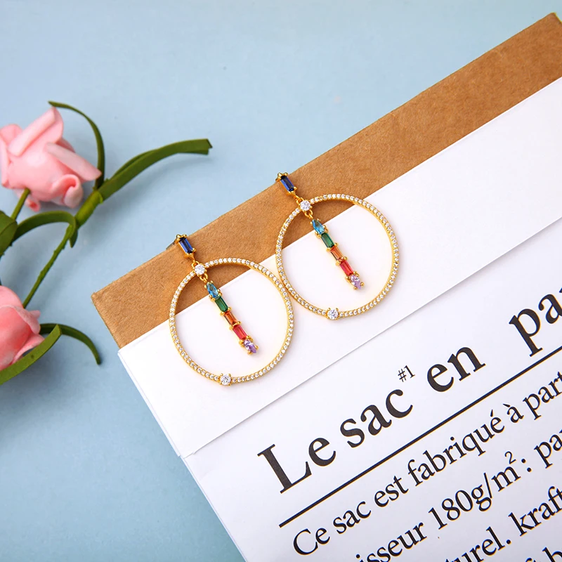 

BALANBIU Luxury Multicolored Shiny Zircon Round Circle Drop Earrings For Women Gifts Gold Color Fashion Brass Jewelry Accessory