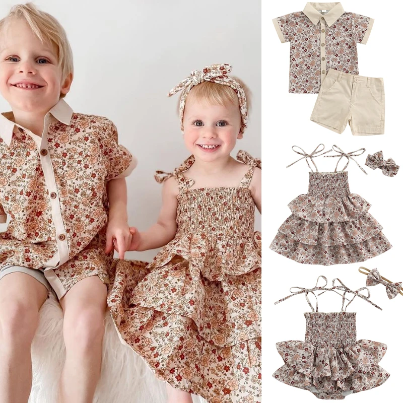Sister Brother Baby Girls Boys Clothes Sets 0-5Y Flowers Printed Shirts + Shorts Or Ruffles Sundress/Sleeveless Romper FOCUSNORM