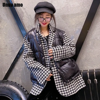 

Unua amo 2020 Winter Jacket Women Plaid Splicing Bubble Coat Fashion Fake 2-pieces Deisgn Down Padded Jacket Parka