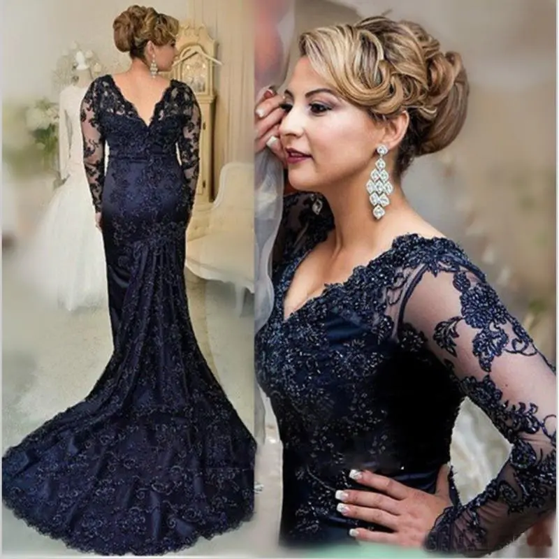 - Charming Dark Navy Lace Mermaid Long Sleeve Mother of the Bride Dresses V Neck Wedding Party Gowns Back Out 2020
