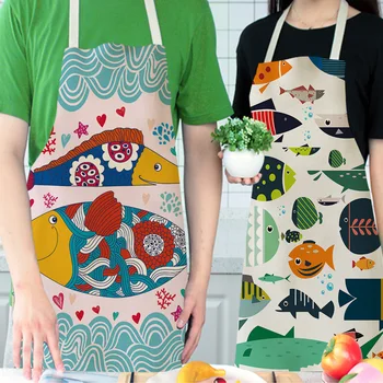 

Ocean Animal Fish Kitchen Cooking Aprons For Women Chefs Anti-oil Cotton Linen Household Cleaning Apron Anti-fouling Baking Bibs