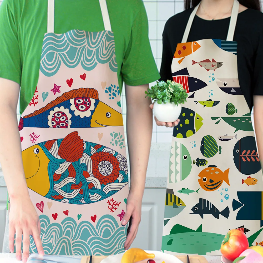 Ocean Animal Fish Kitchen Cooking Aprons For Women Chefs Anti-oil Cotton Linen Household Cleaning Apron Anti-fouling Baking Bibs
