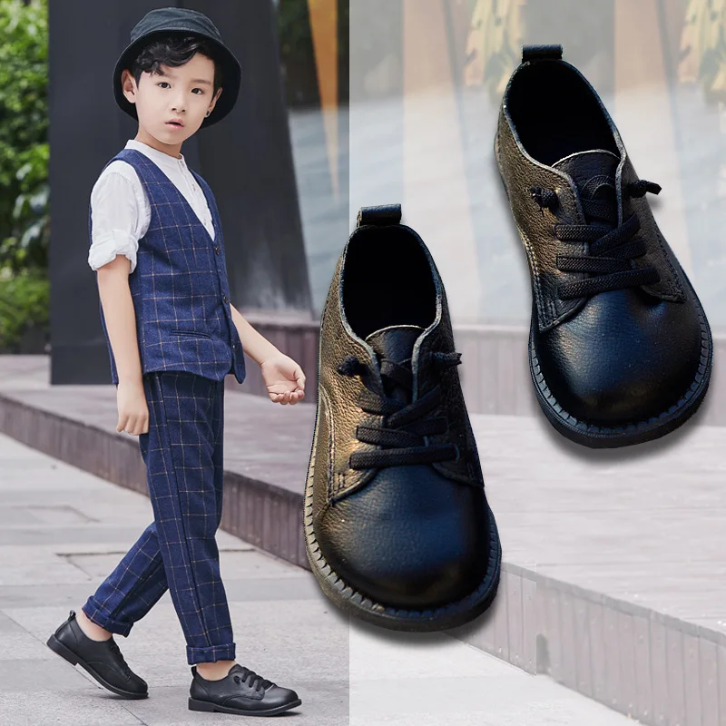  new children boys black Geniune leather shoes cowhide performance Soft bottom shoes British etiquette autumn new shoes