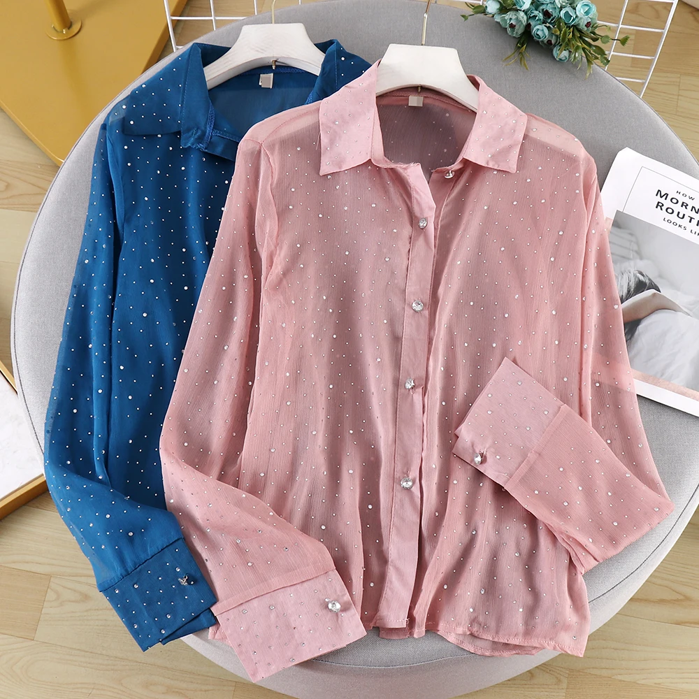 

2020 Spring Summer New Design Sense Niche Hot Rhinestone Goddess Fashionable Long-sleeved Wild Chiffon Tops Shirt Female Jfmhrx