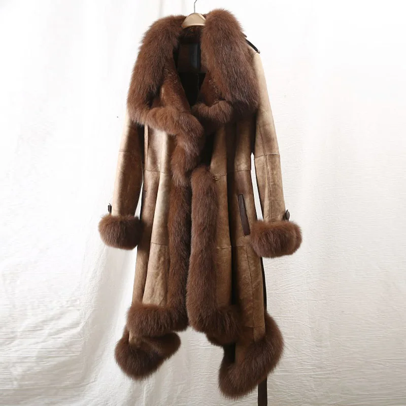 fashion winter new real leather lamb fur grass one coat coat women's long fox windbreaker fur - Цвет: Золотой