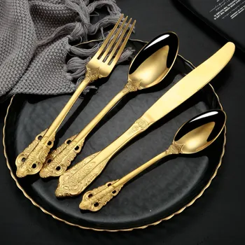 

4Pcs/Set Flatware Vintage Spoon Tableware Set Knife Spoon Fork Cutlery Royal Metal Carved 304 Stainless Steel Palace Silverware