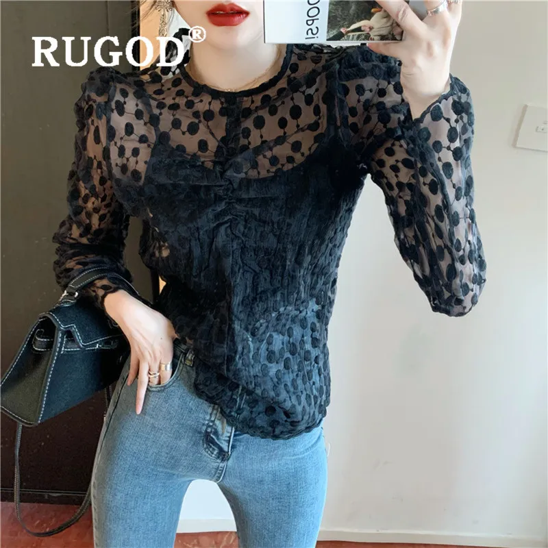 RUGOD Весенняя кружевная блузка женские блузки с длинным рукавом Прозрачный сексуальный топ корейская модная одежда женские рубашки Повседневная элегантная рубашка