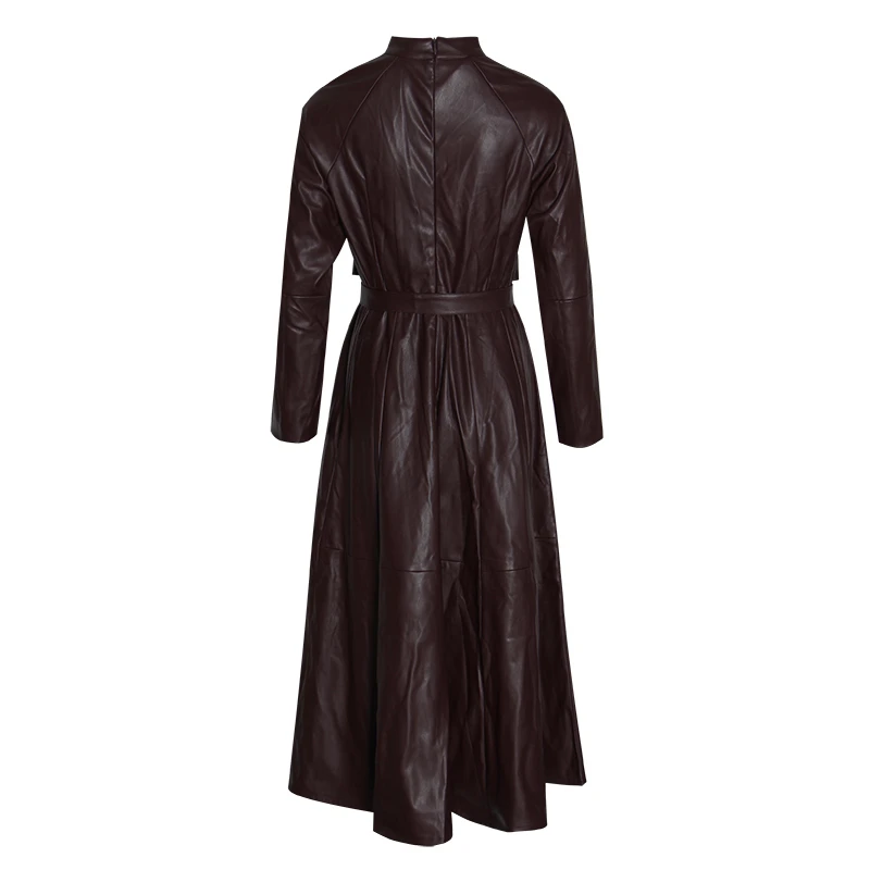 SISPELL, винтажное кожаное платье для женщин, стоячий воротник, длинный рукав, высокая талия, шнуровка, макси платья для женщин, осень, модная новинка
