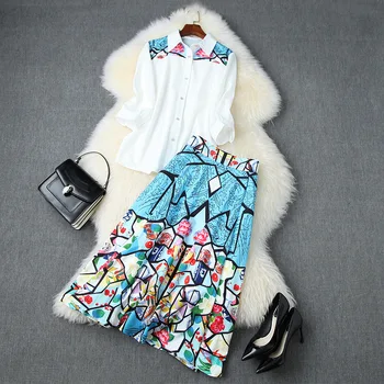 

European and American women's clothing 2020 summer new style shirt with seven-point sleeves Printed pleated skirt Fashion suits
