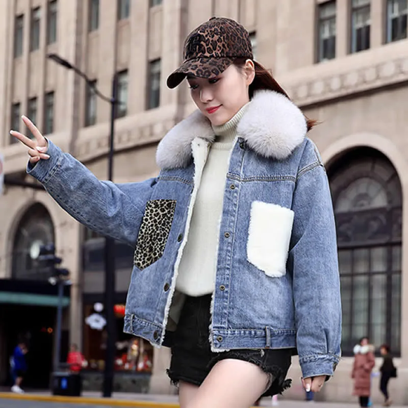 Goedkoop Warme Winter Plus fluwelen Luipaard pocket Vrouwen Jean Jacket 2019 Herfst Nieuwe Vrouwelijke Vriendje Bomber Denim Jas Basic Dames Top
