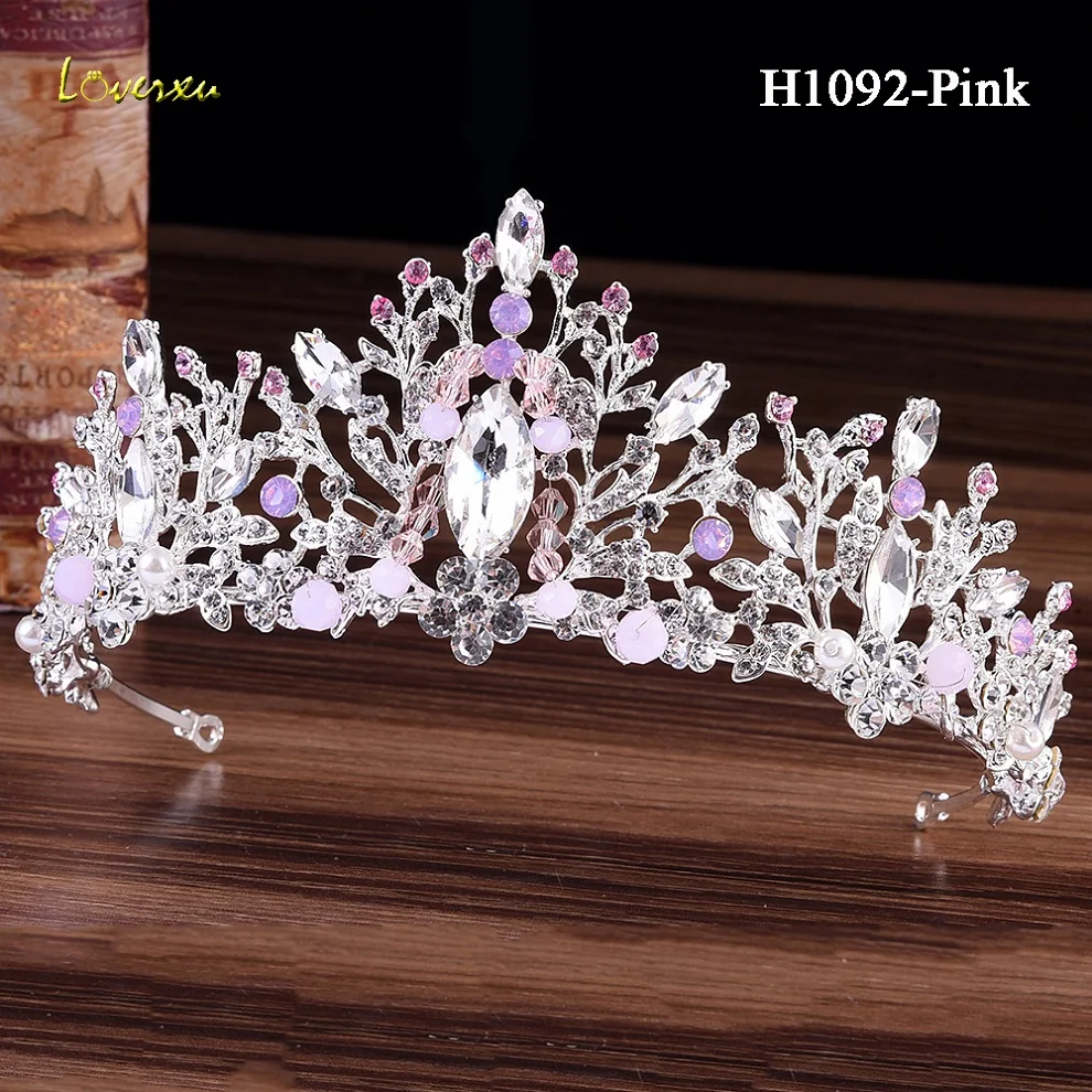 H1092-Pink Loverxu, Роскошная золотая Хрустальная свадебная корона, диадемы, модная королева для женщин, свадебная корона, головной убор, свадебные украшения для волос, аксессуары - Цвет: H1092-Pink