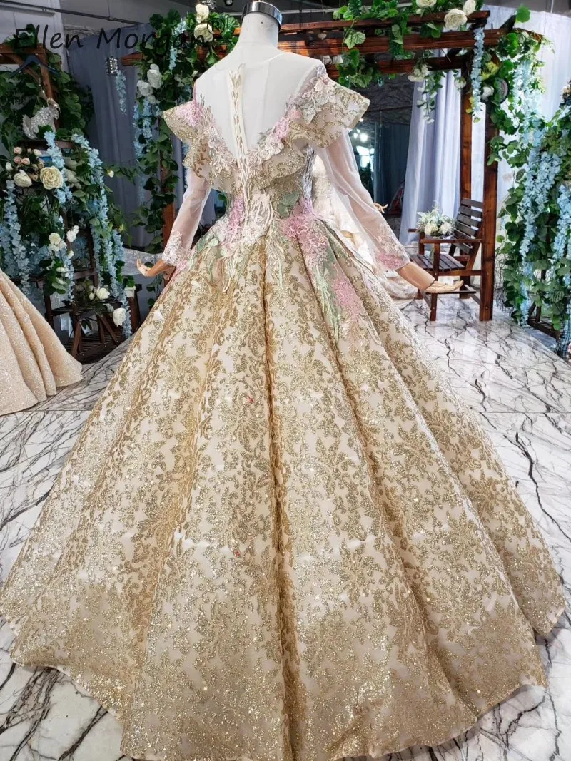 Arabic Bestidos De Gala Glitter Gold Prom Dresses Long Sleeve Boat Neck Floor Length African Black Girls Pageant Ball Gowns