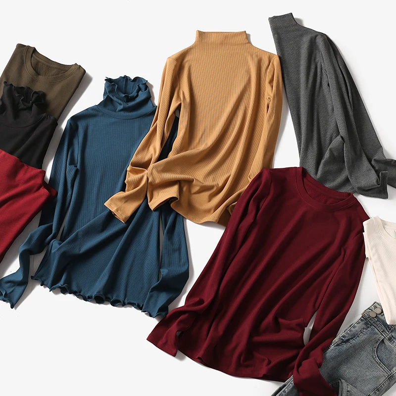 SuyaDream Women Bottoming T Shirt Real Silk Blend Long Sleeves Solid Basic Shirt 2021 Autumn Winter Turtleneck Top