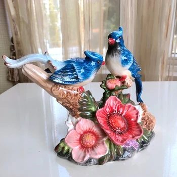 

Lucky Bird Lovers Miniature Decor Gift Craft Ornament Furnishing Rustic Porcelain Couple Figurine Traditional Chinese Animal