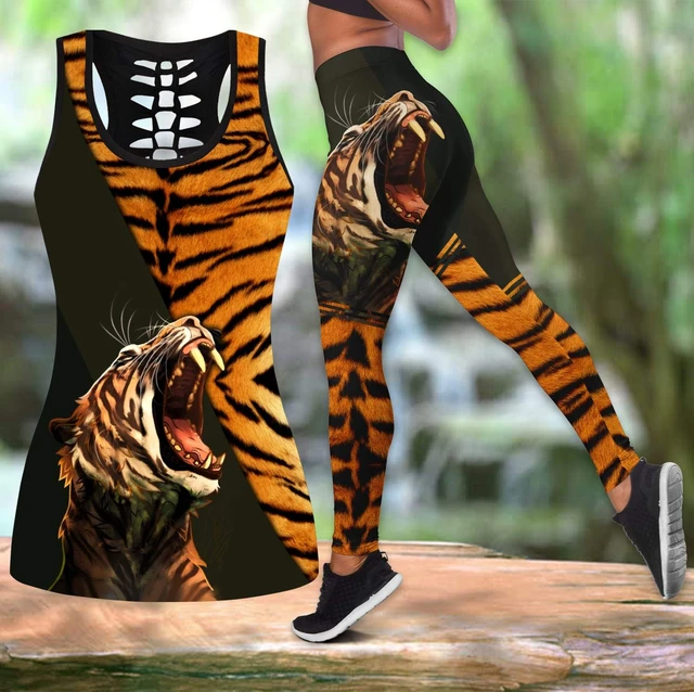 Poderoso Tigre Gritante 3D Impresso Regata Oco e Leggings Conjunto para  Feminino, Comprimento Total Calças Running, Fitness DDK61 - AliExpress