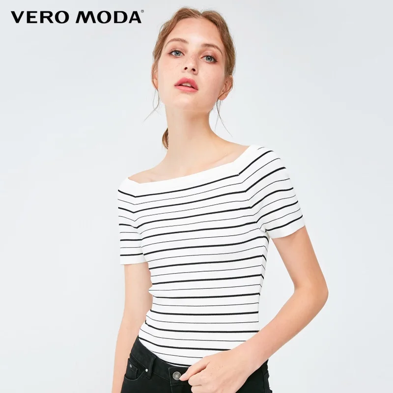 Женский весенний приталенный свитер в полоску с большим воротником Vero Moda | 318345501