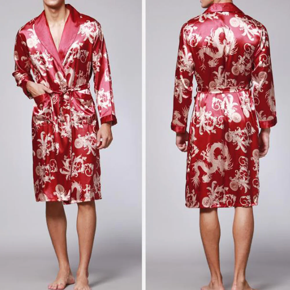 Plus Size Mens Bathrobe Silk Kimono Long Sleeve Robes Dressing Gown Print Sleepwear Satin Pajamas Men Night Gown Peignoir Homme