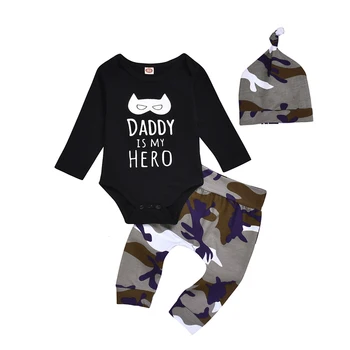 

Newborn Infant Baby Boy Clothes Set Autumn Dad Is My Hero Letter Rompers Camouflaged Pants Hat Baby Clothing Girls Outfit Suit