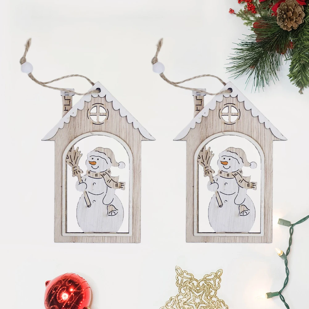 2pcs Christmas Elements Wooden Hanging Ornaments Hollow House Shaped Pendant Decor for Home Party(Snowman