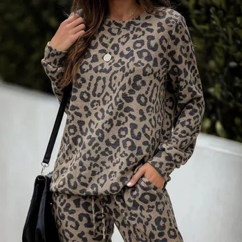 

2 Piece Sets Women Autumn Tracksuit Long Sleeve Leopard print Sweatshirt Casual Sport Suit Tops and Jogger Home Set Lounge Wear