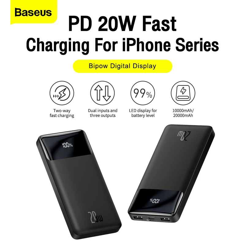 Baseus power bank 20000mah carregador portátil powerbank 10000 bateria externa pd 20w carregamento rápido para iphone 13 xiaomi poverbank 2
