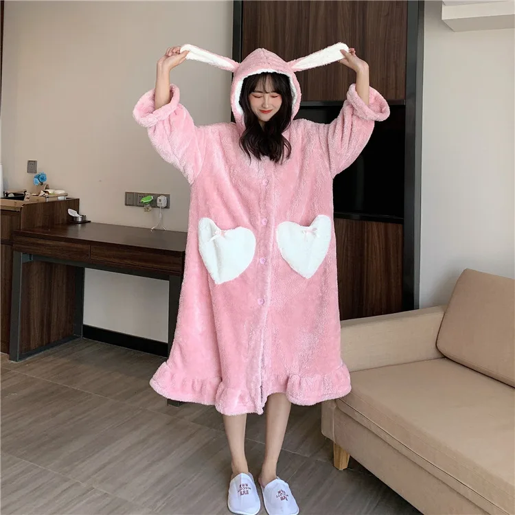 

Japanese-style Cute Rabbit Eared Flounced Heart Pocket Loose-Fit Coral Velvet Night-robe Fashion