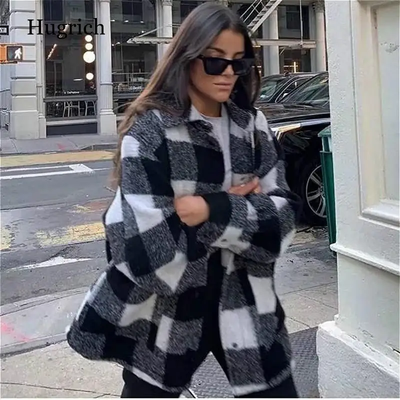 

Black White Plaid Overshirt Jacket 2021 Vintage Autumn Winter Warm Coats for Women Casual Streetwear Long Sleeve Outwear