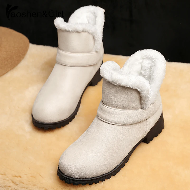 

Haoshen&Girl Women Ankle Boots Winter Heels Casual Shoes Warm Woman Buckle Snow Botas Round Toe Quality Shoes Plus Size 33-48