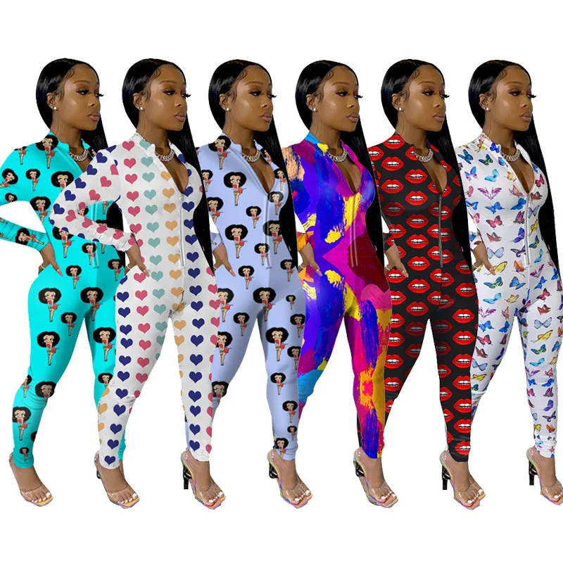 

Women's Elastic Casual High Street Zipper Jumpsuit White Jumpsuit With Fashion Elements Printed Overalls In 2020