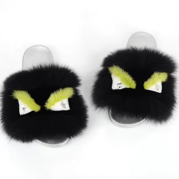 

Summer Women Fur Slippers Monster Slides Fluffy Real Fox Fur Slipper Non Slip Indoor Flip Flops Ladies Lovely Funny Shoes