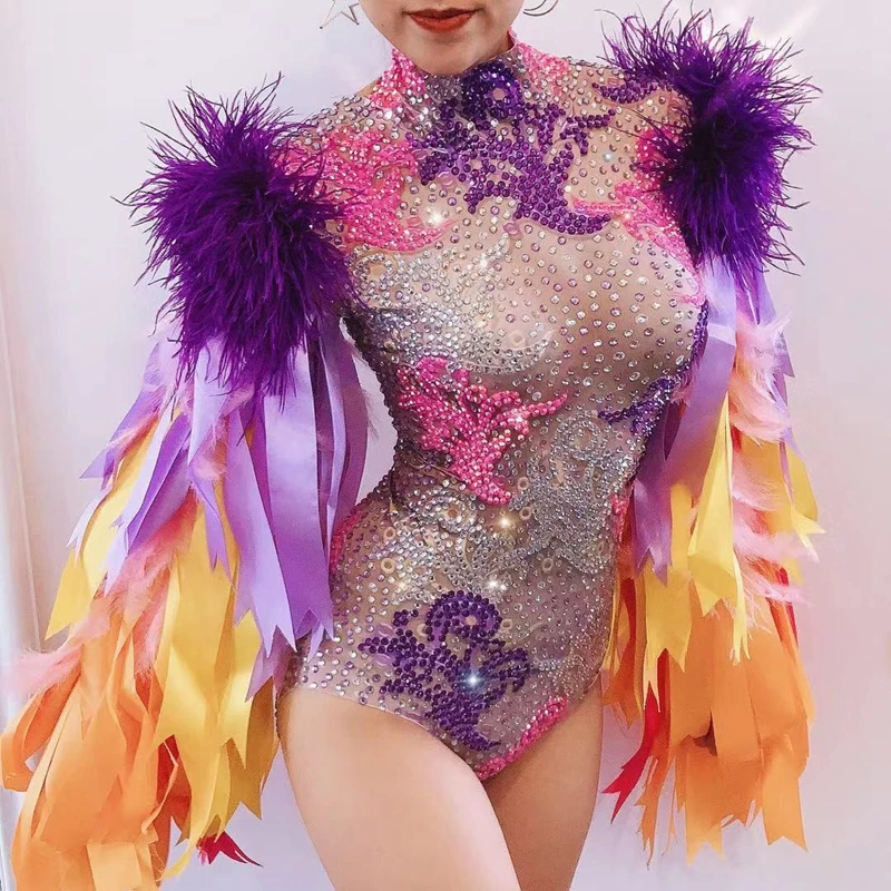 Women Costume Set Colourful Feather Sleeve Rhinestone Bodysuit Nightclub Bar Party Outfit Performance Dance Dress