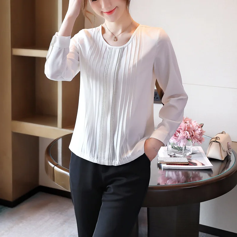 Korean Fashion Chiffon Women Blouses Solid O-Neck Office Lady Shirt and Blouse Plus Size XXL Autumn Long Sleeve Women Tops