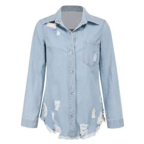 Light Blue Шикарная Женская Осенняя джинсовая куртка с длинным рукавом и отложным воротником, рваная джинсовая куртка с карманами, трендовая женская джинсовая куртка-кардиган - Цвет: Light Blue
