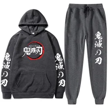 Sudadera con capucha de Demon Slayer para hombre y mujer, suéter de manga larga con estampado gráfico de Anime, conjunto de pantalones con Cordones elásticos de moda informal, ropa Unisex