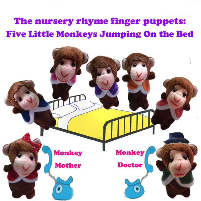 The Nursery Rhyme Finger Puppets Plush Toys Cartoon Five Little Monkeys Jumping On The Bed Time Story Dolls 7pcsset (2)